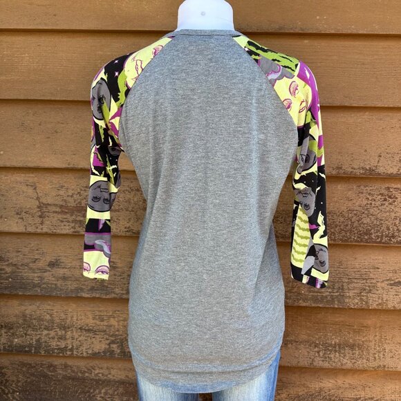 Raglan Style Grey Shirt With Halloween-Themed Graphic Sleeves & 3/4 Length Desig - Picture 2 of 8